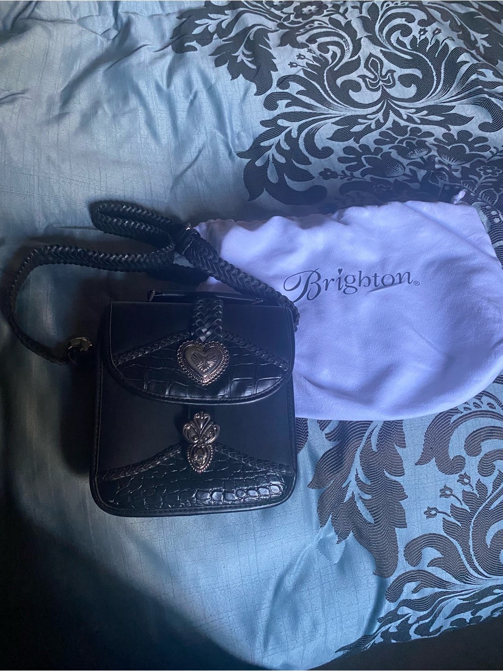 Brighton Black Leather Crossbody with Heart & Filigree Hardware